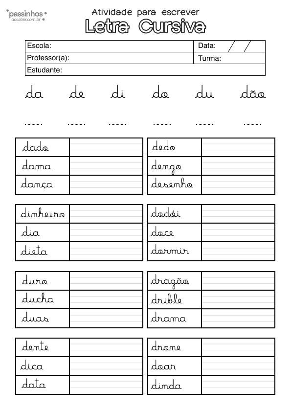 Atividade infantil de alfabetização em letra cursiva