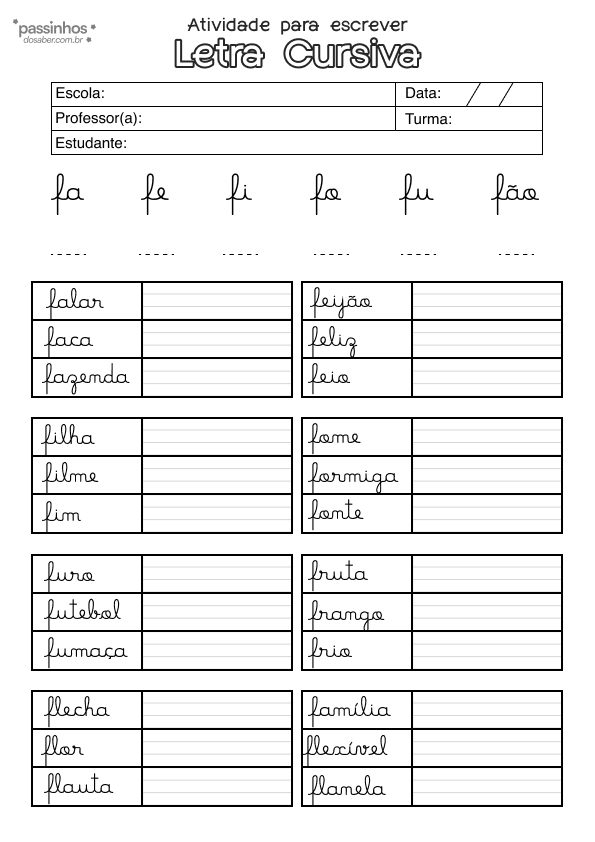 Atividade infantil de alfabetização em letra cursiva
