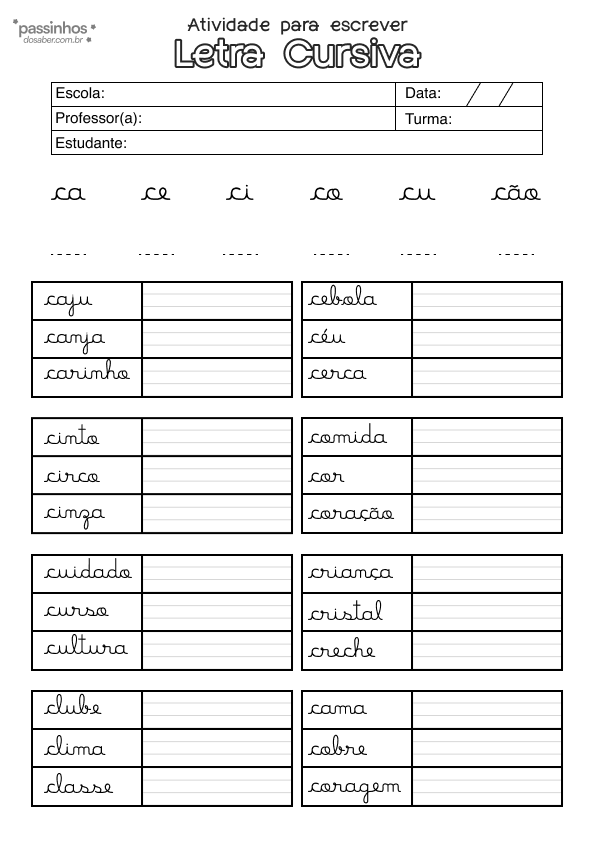Atividade infantil de alfabetização em letra cursiva