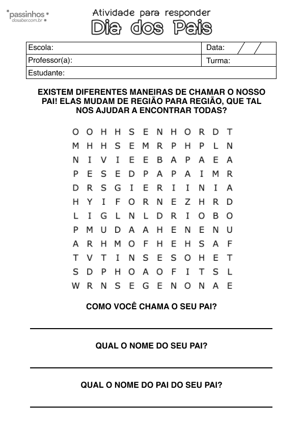 Atividade infantil sobre Dia dos Pais com caça-palavras